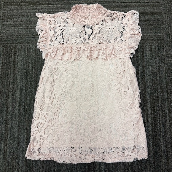 Topshop Tops - Topshop Blush Pink Lace Top Blouse with Ruffle Sleeves High Neck